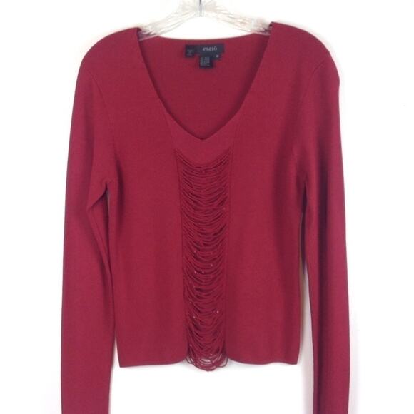 Escio‎ Deep Red Delicately Beaded Detail  Knit Top V-Neck Sweater Size Medium - Picture 6 of 8